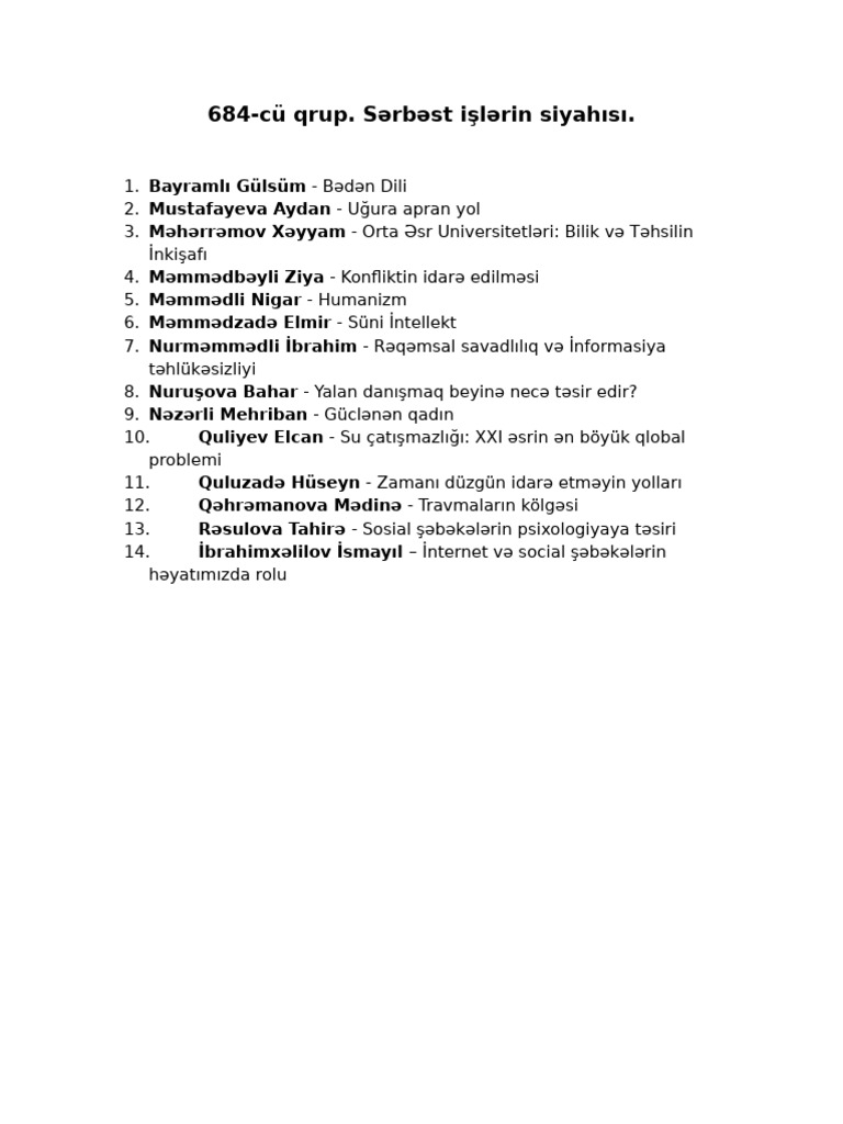 684-Cü Qrup. SƏRBƏST Işlərin Siyahısı | PDF