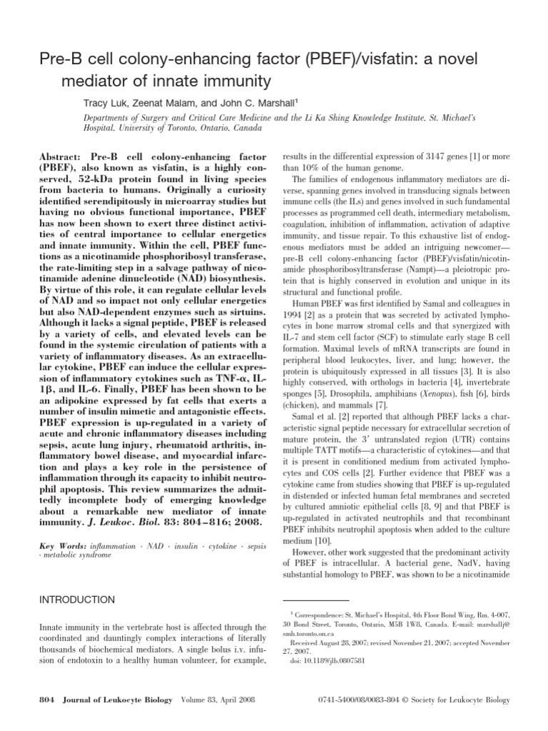 J Leukocyte Bio - 2008 - Luk - Pre B Cell Colony Enhancing Factor PBEF ...