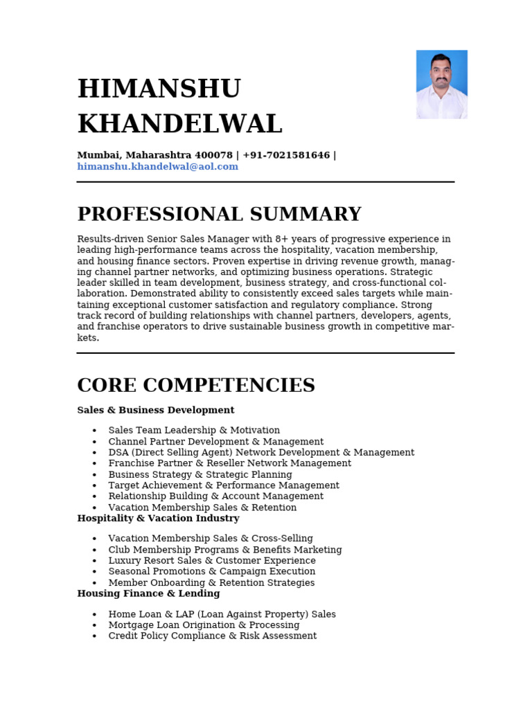 Senior Sales Manager Profile: Expertise in Hospitality & Finance | PDF ...