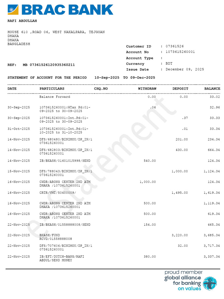 BRAC Bank Statement 09122025 | PDF | Banks | Money