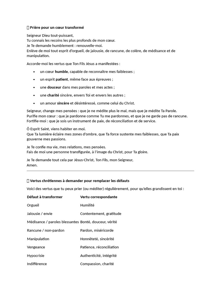 Prière pour un cœur transformé et vertueux | PDF