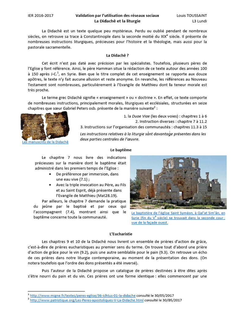 La Didachê et ses instructions liturgiques | PDF | Rituels | Contenu du ...