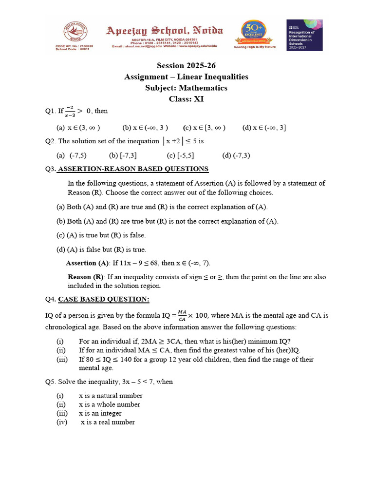 Linear Inequalities Assignment XI | PDF | Inequality (Mathematics ...