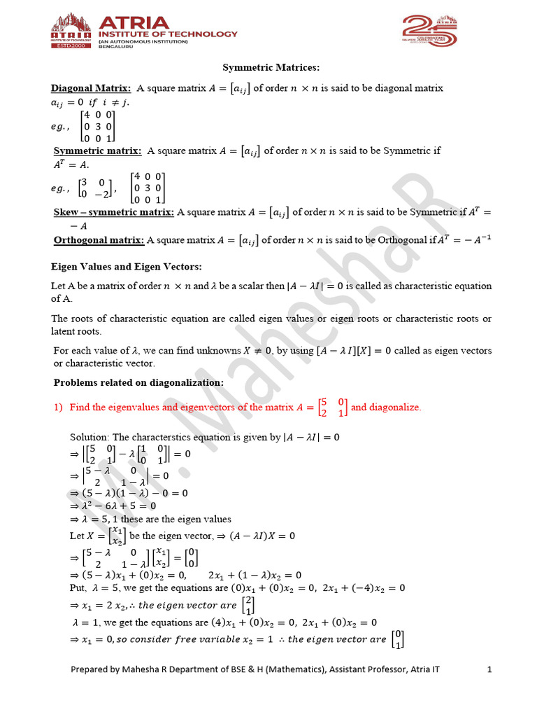 Eigenvalues and Diagonalization of Matrices | PDF | Eigenvalues And ...