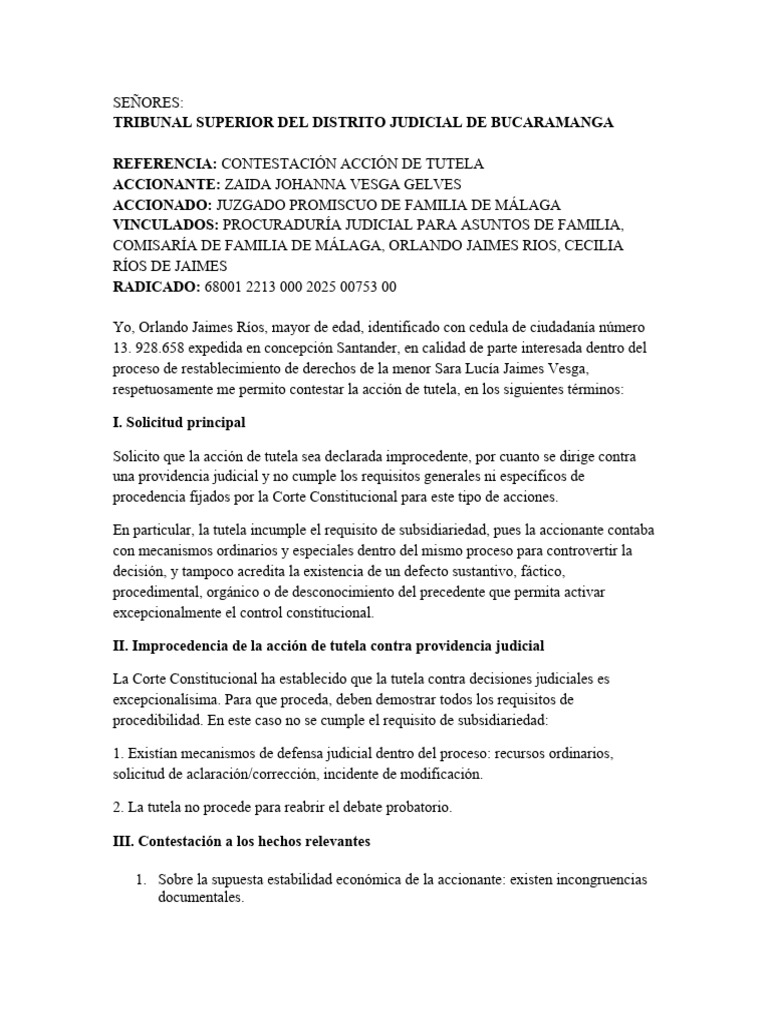 Contestación a Acción de Tutela en Custodia | PDF | Justicia | Crimen y ...