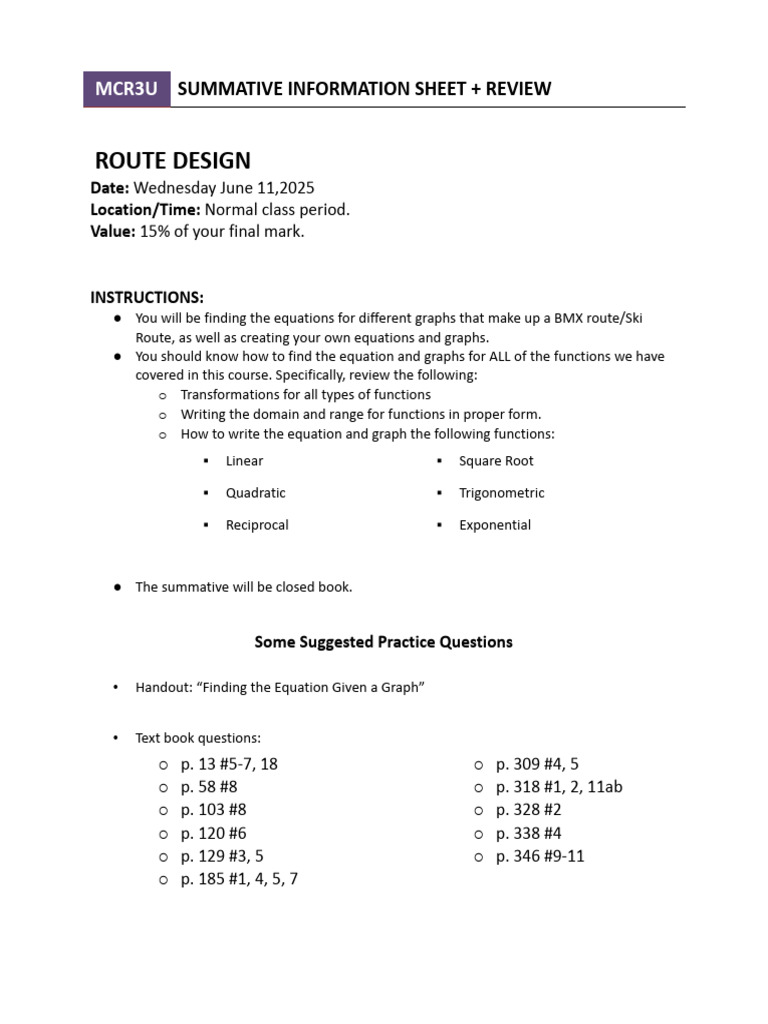 MCR3U Route Design Review Guide | PDF | Function (Mathematics ...