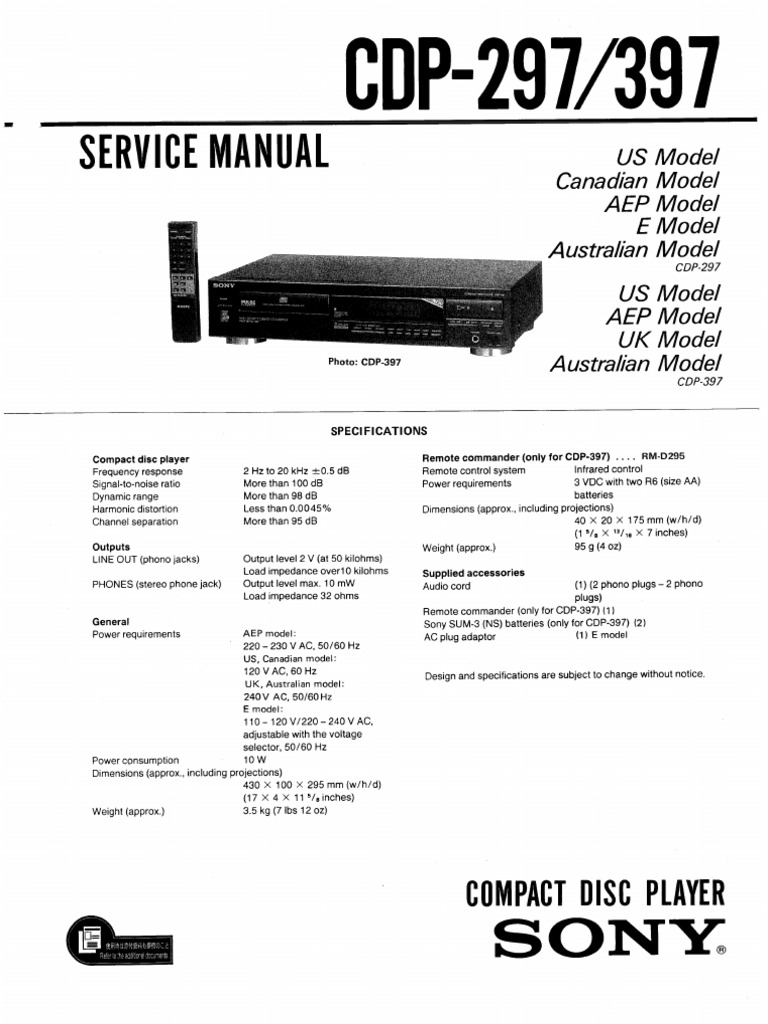 Sony CDP 297 CDP 397 Service Manual | PDF