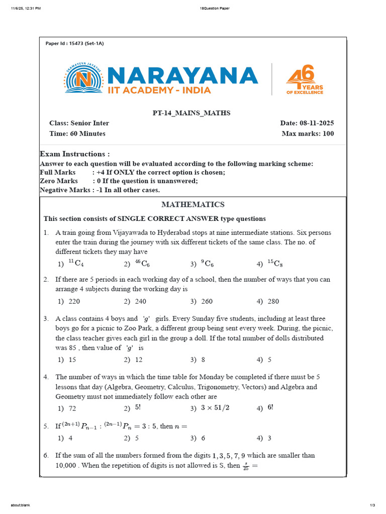 15473 Pt-14 Mains Maths.qp | PDF | Mathematics | Algebra
