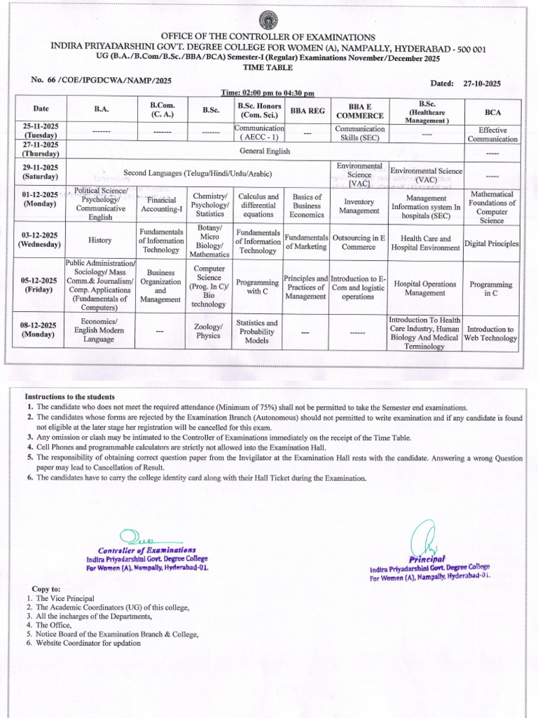 66 Ug I Sem Reg Exam Time Table 2025-26 | PDF