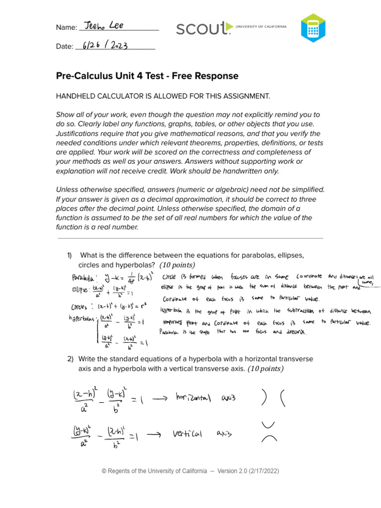 PreCalc_Unit4_WT. | PDF | Ellipse | Function (Mathematics)