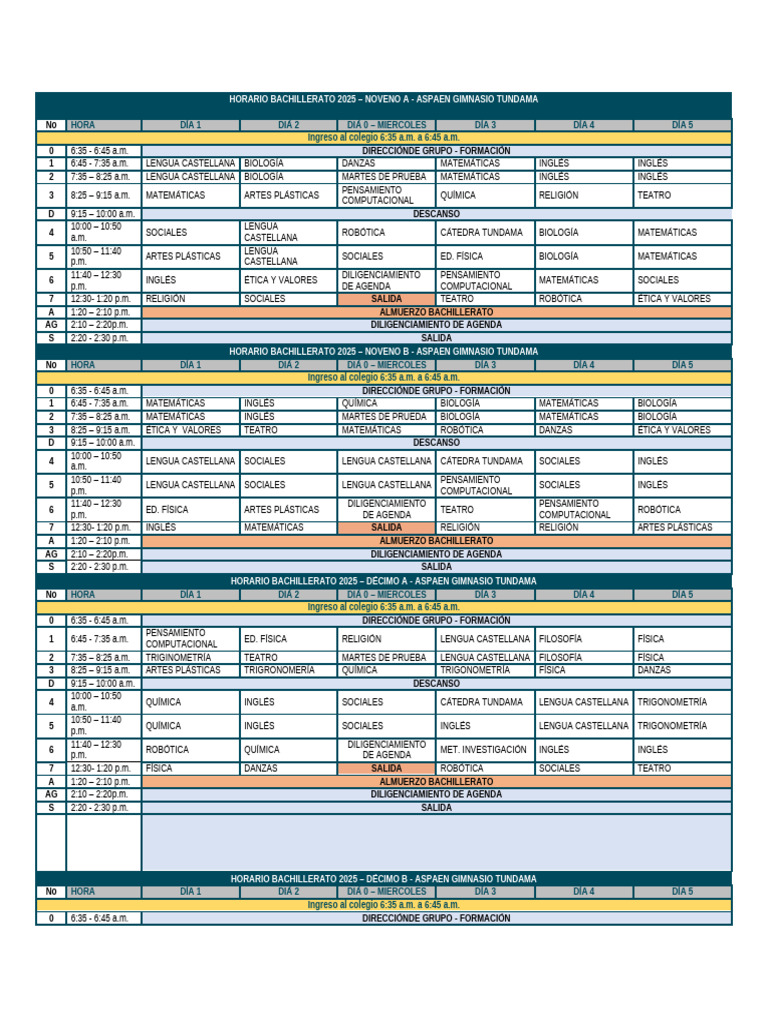 Horario Bachillerato 2025 - Gimnasio Tundama | PDF