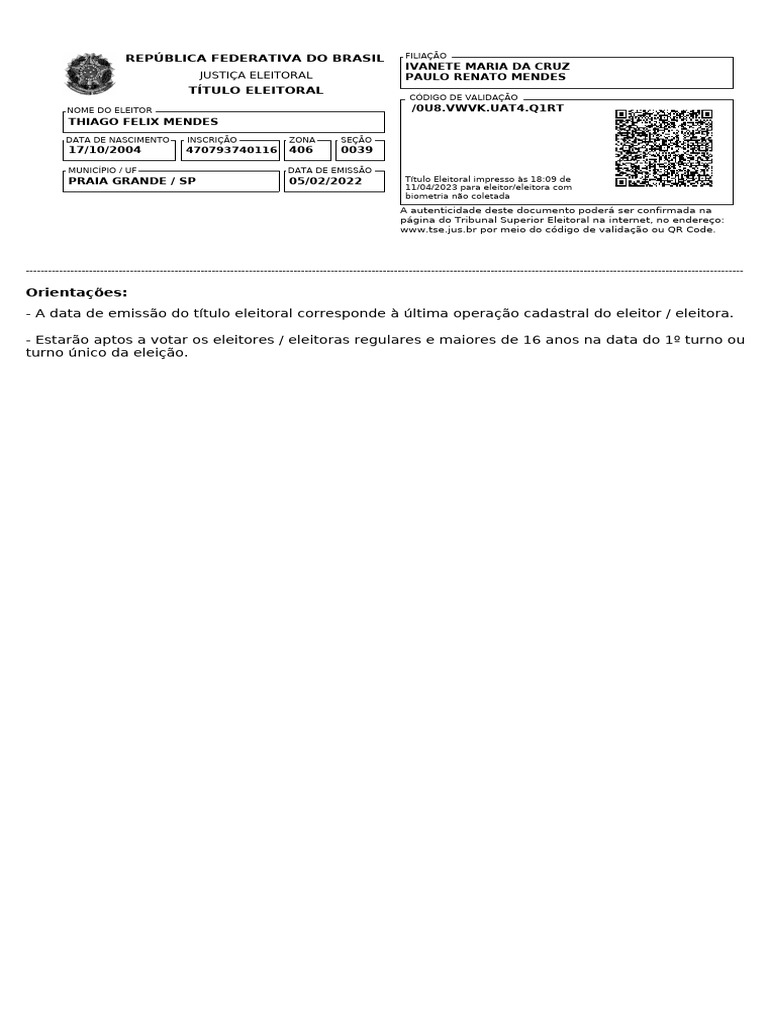 Título Eleitoral de Thiago Mendes | PDF