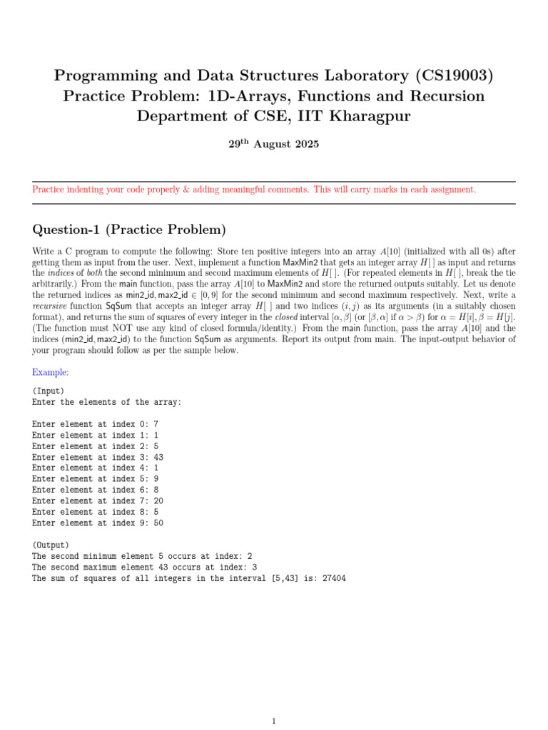C Program for 1D Arrays and Recursion | PDF
