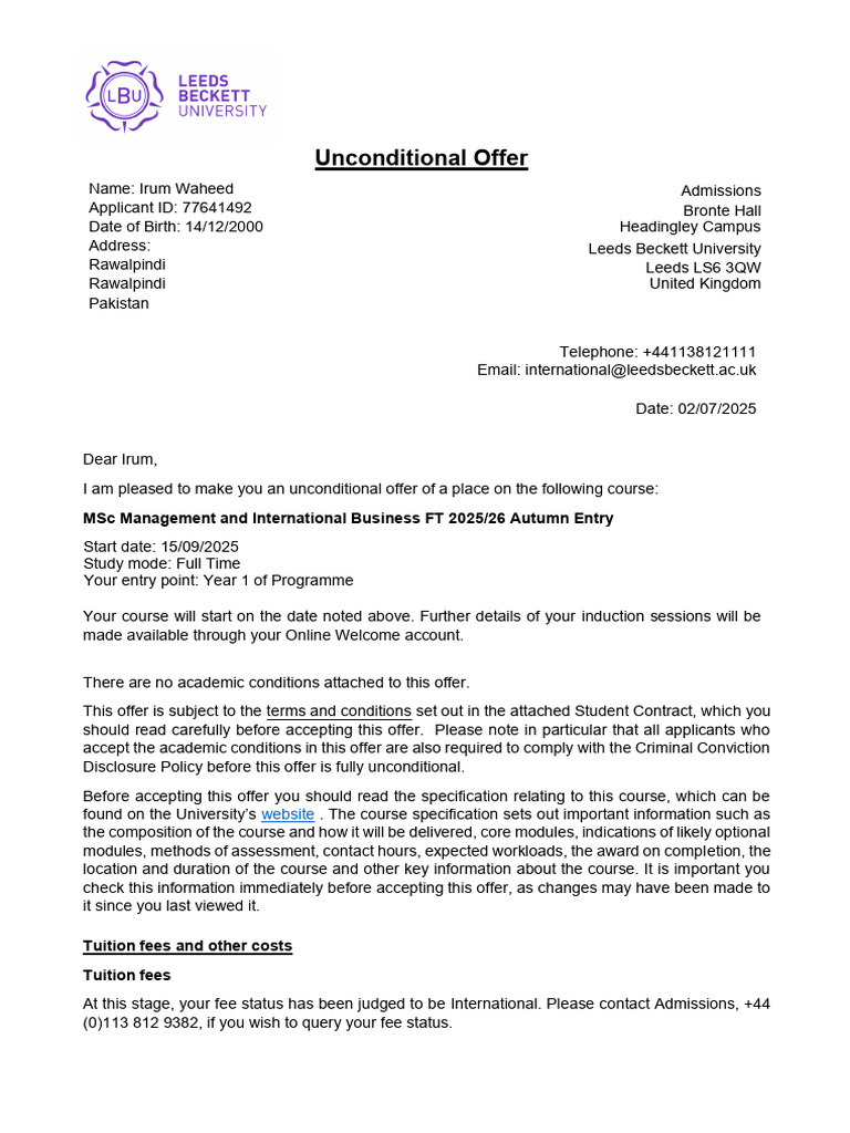 Irum Waheed - LEEDS - Unconditional Offer Letter | PDF | Legal ...