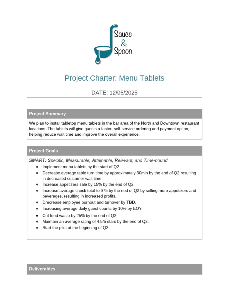 Menu Tablets Project Charter Overview | PDF | Point Of Sale | Menu