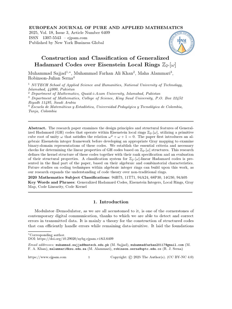 Generalized Hadamard Codes in Eisenstein Rings | PDF | Ring ...