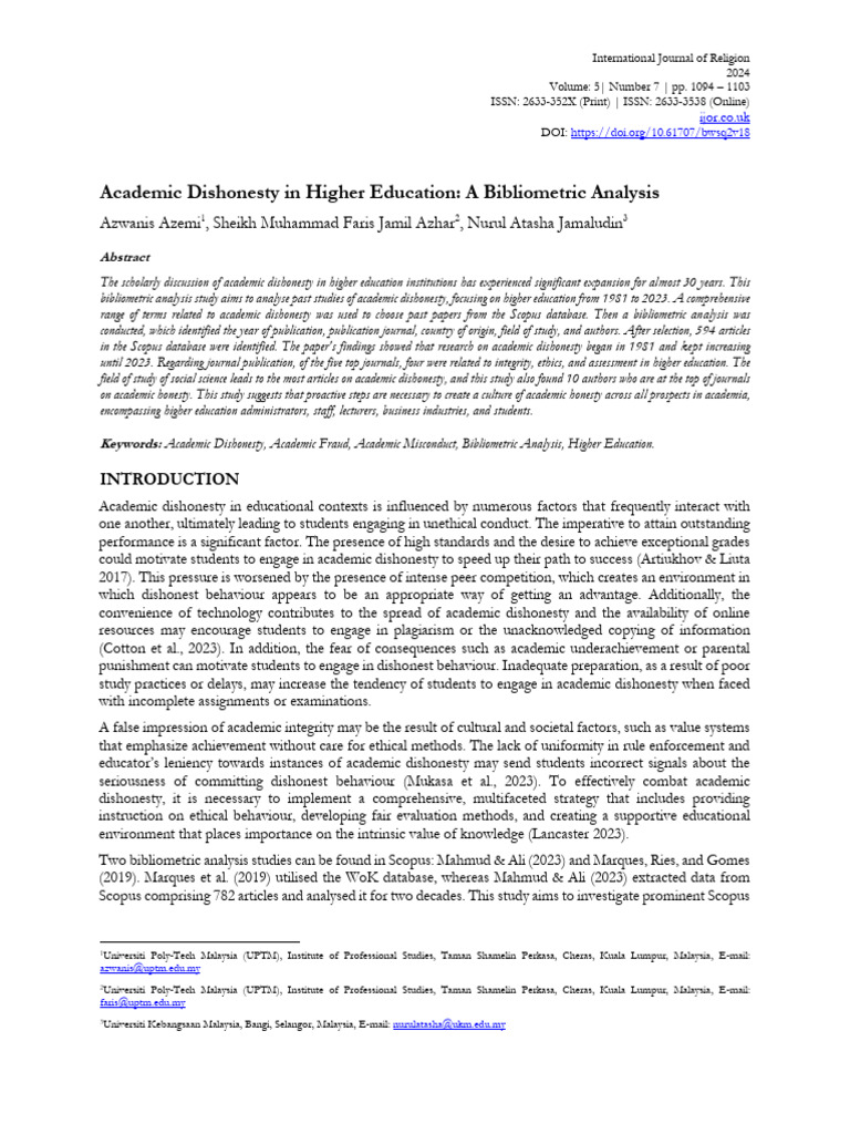 Bibliometric Analysis of Academic Dishonesty | PDF | Academic ...