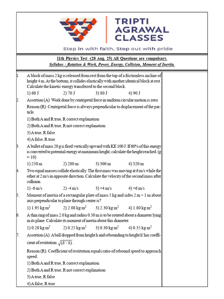 Thursday Test (100 Questions) 28 Aug 25 | PDF | Rotation Around A Fixed ...