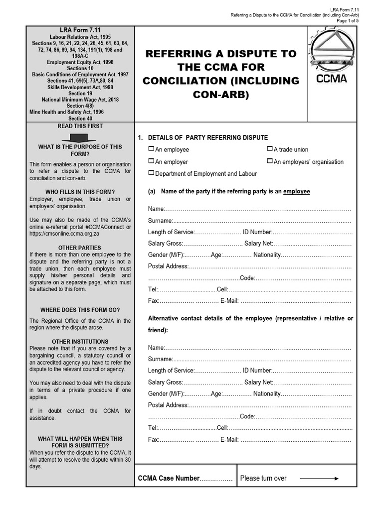 CCMA Dispute Referral Form Guide | PDF | Labour Law | Employment