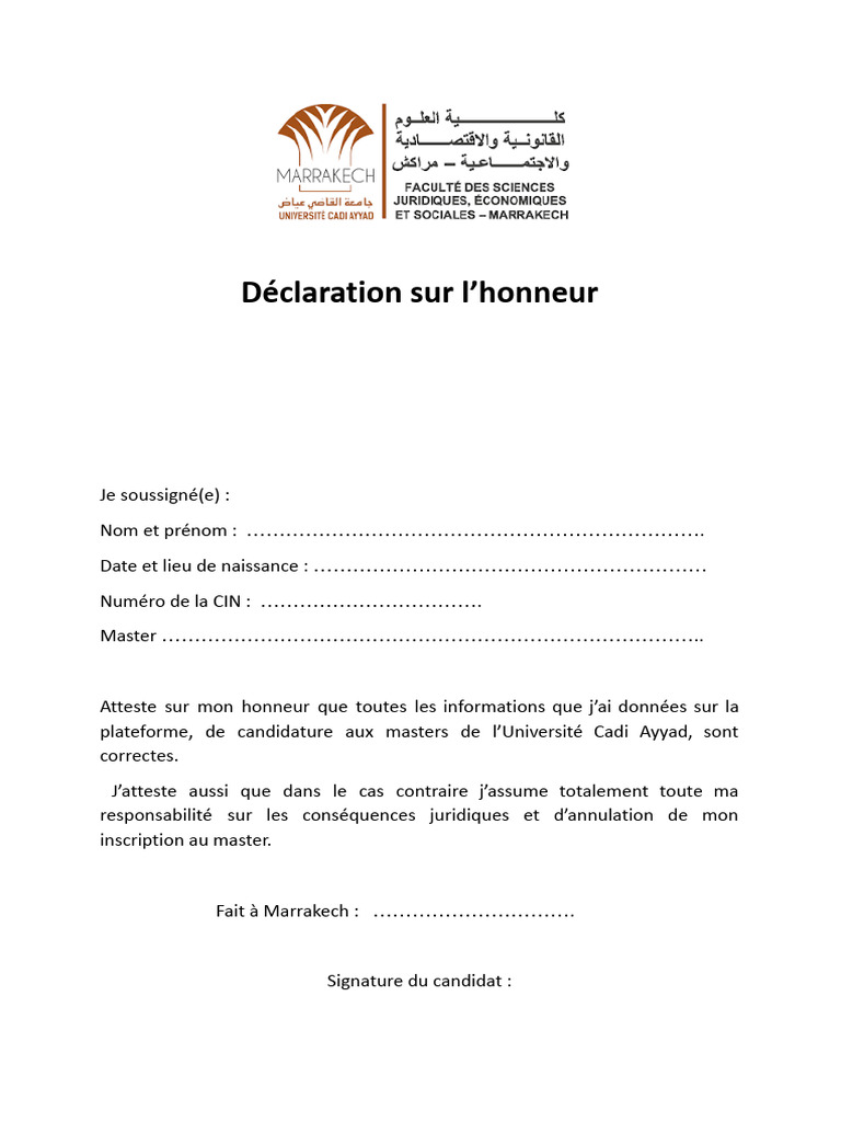 Déclaration sur l'honneur pour Master | PDF