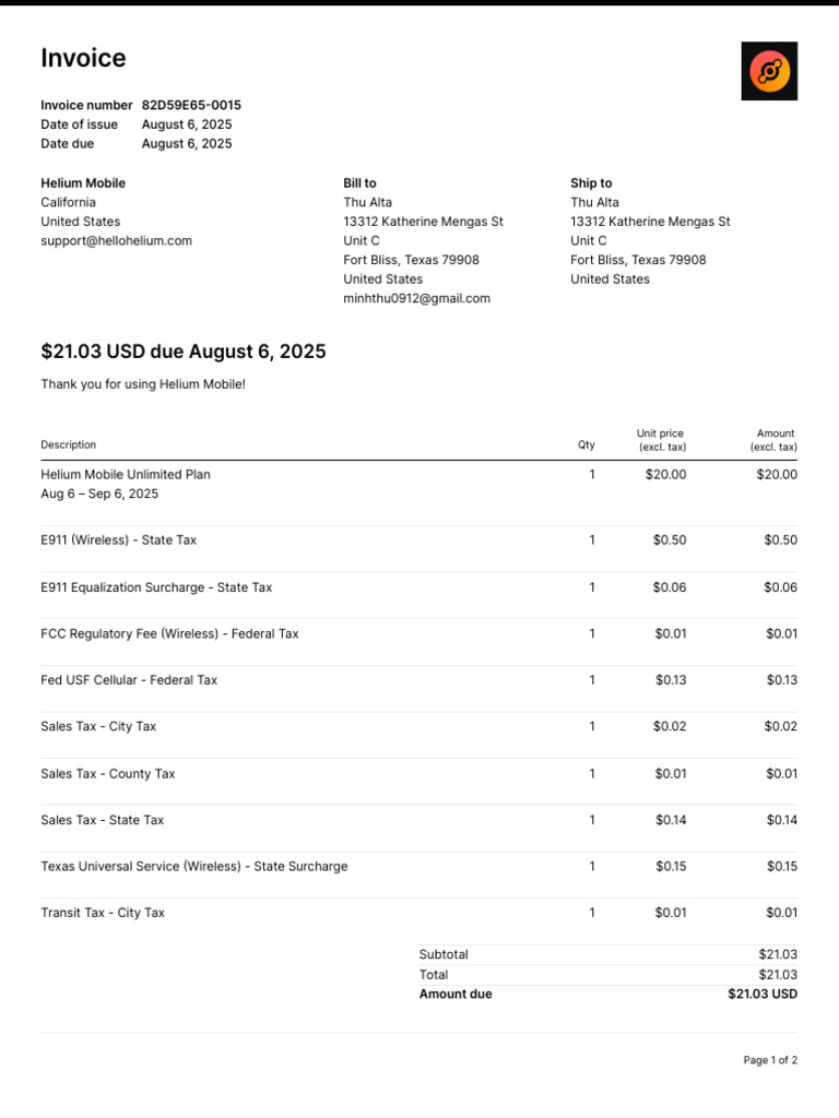 Helium Mobile Invoice #82D59E65-0015 | PDF | Telecommunications | Payments