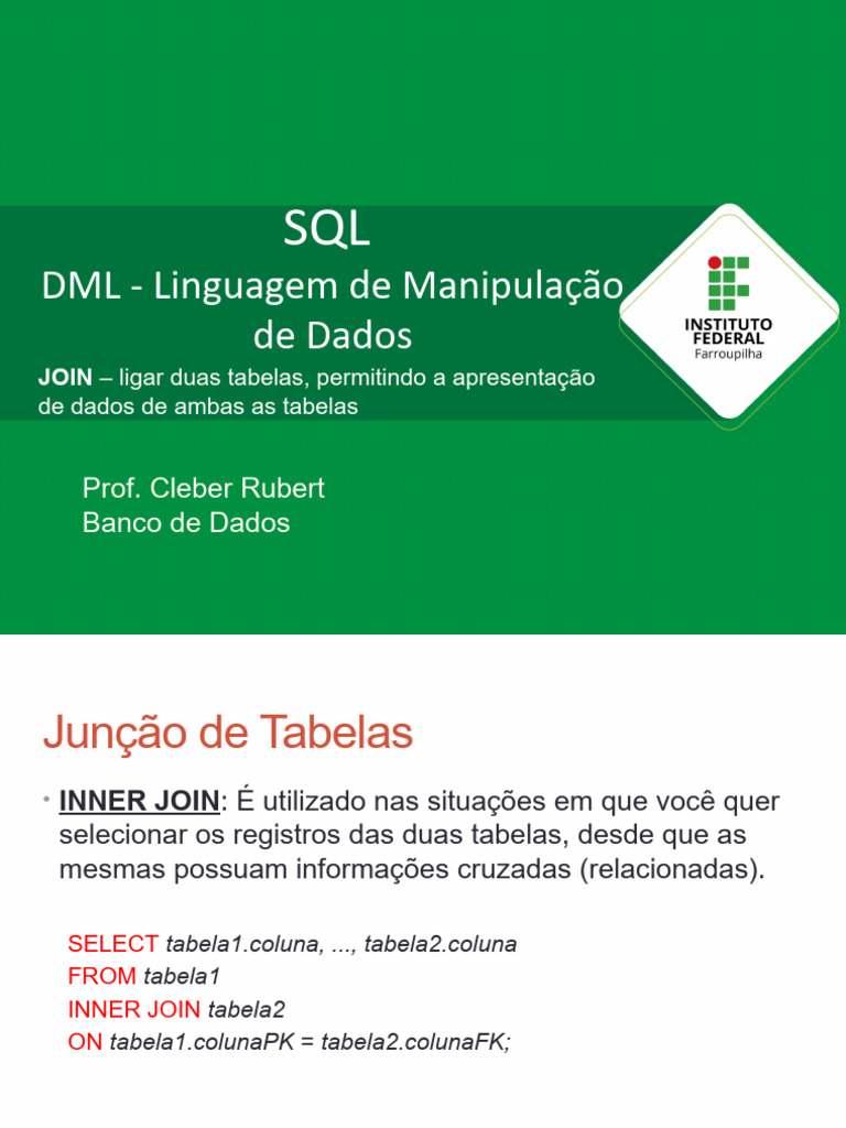 Junção de Tabelas com SQL DML | PDF | Bancos de dados | Software de ...