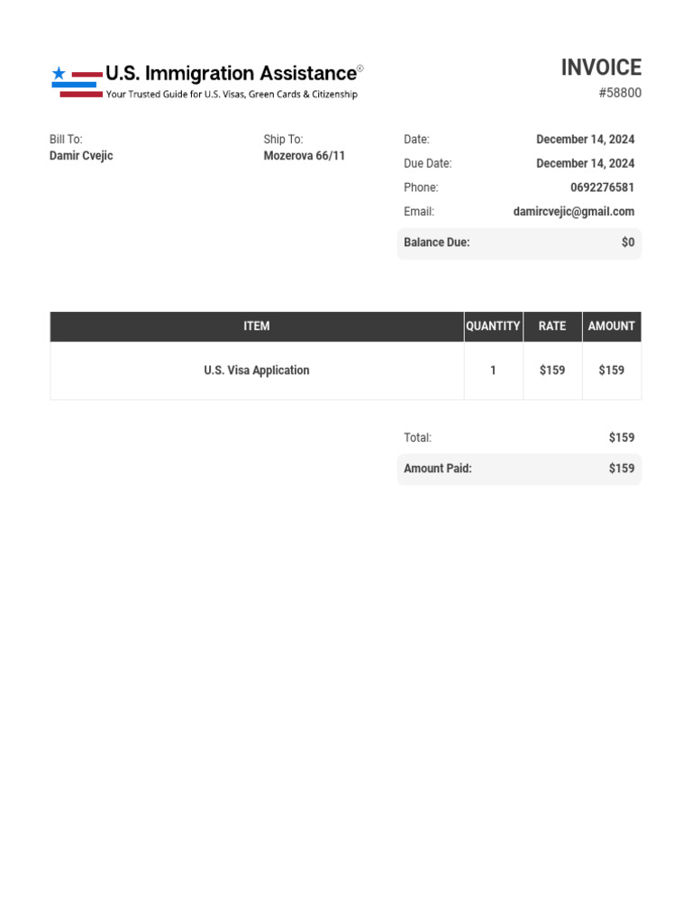 U.S. Visa Application Invoice #58800 | PDF
