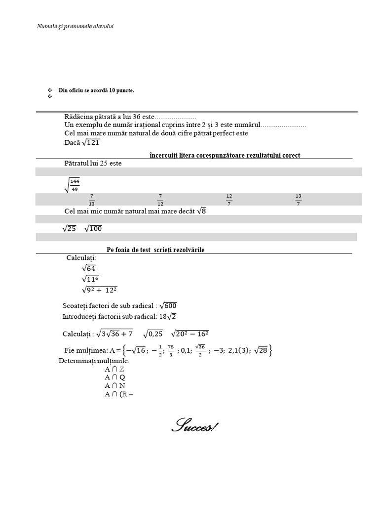 Test - Multimea Numerelor Reale Cls 7 | PDF