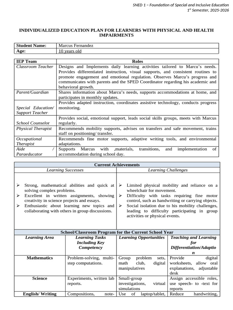 IEP for Learners with Physical Impairments | PDF | Individualized ...