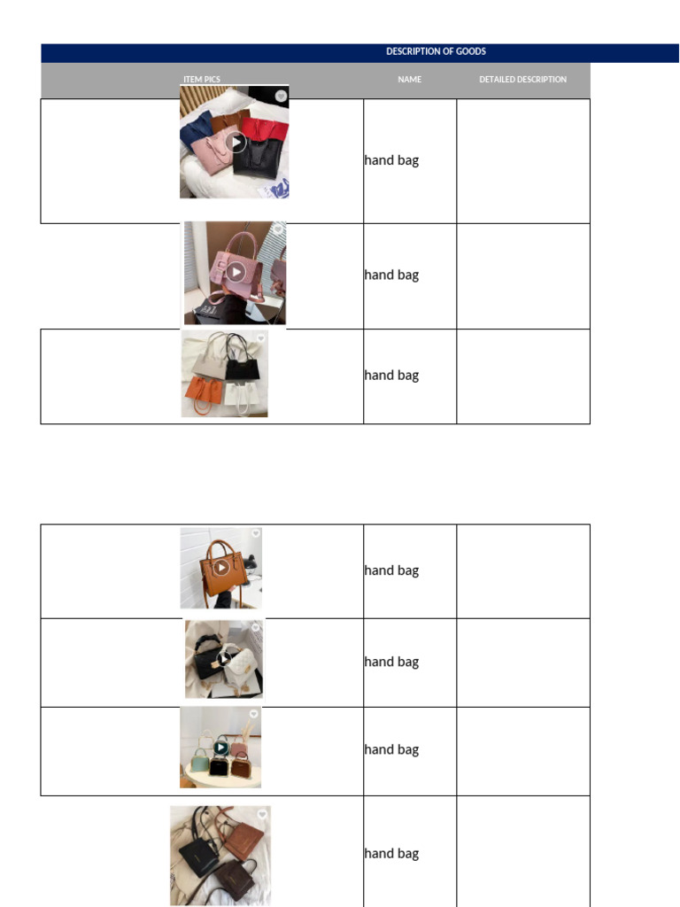 Hand Bag: Item Pics Name Detailed Description | PDF