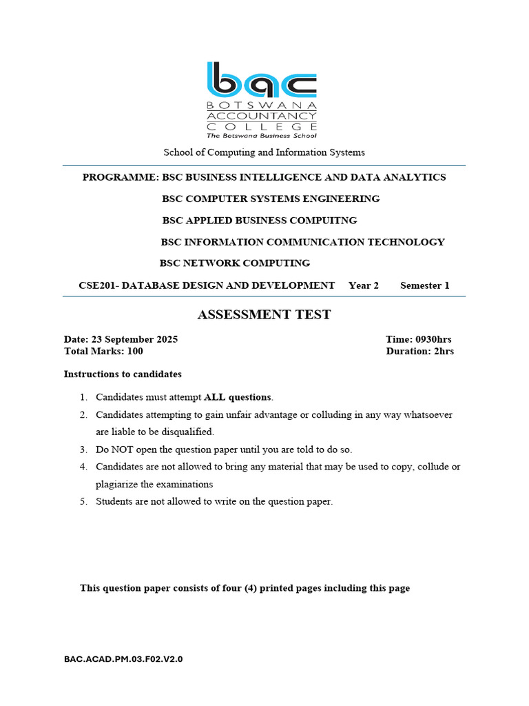 Database Design Assessment Test 2025 | PDF | Databases | Sql