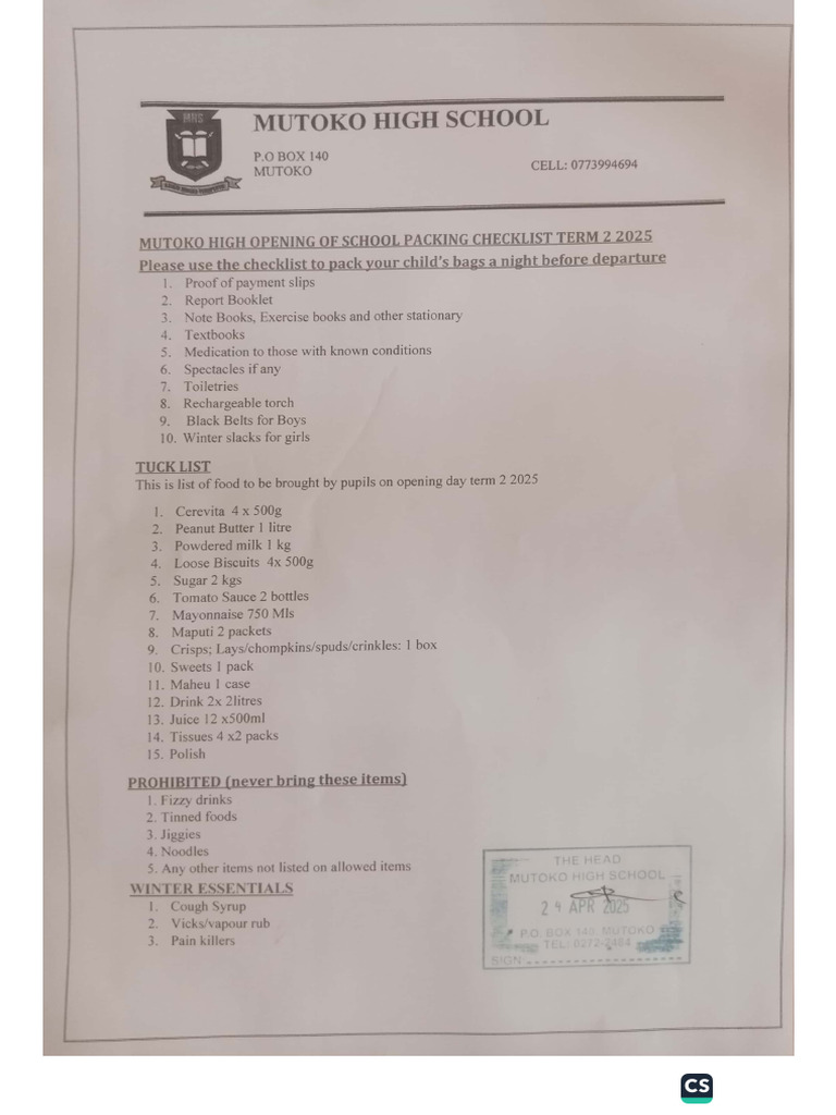 Mutoko High School Packing Checklist | PDF