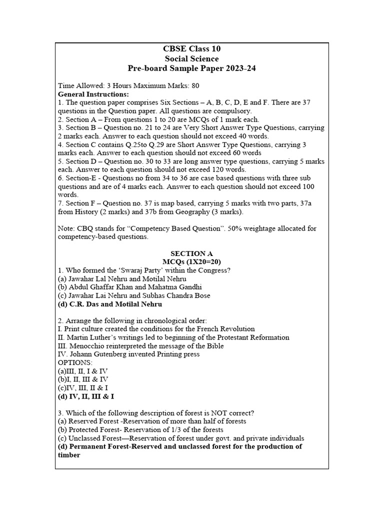 CBSE Class 10 Social Science Sample Paper | PDF