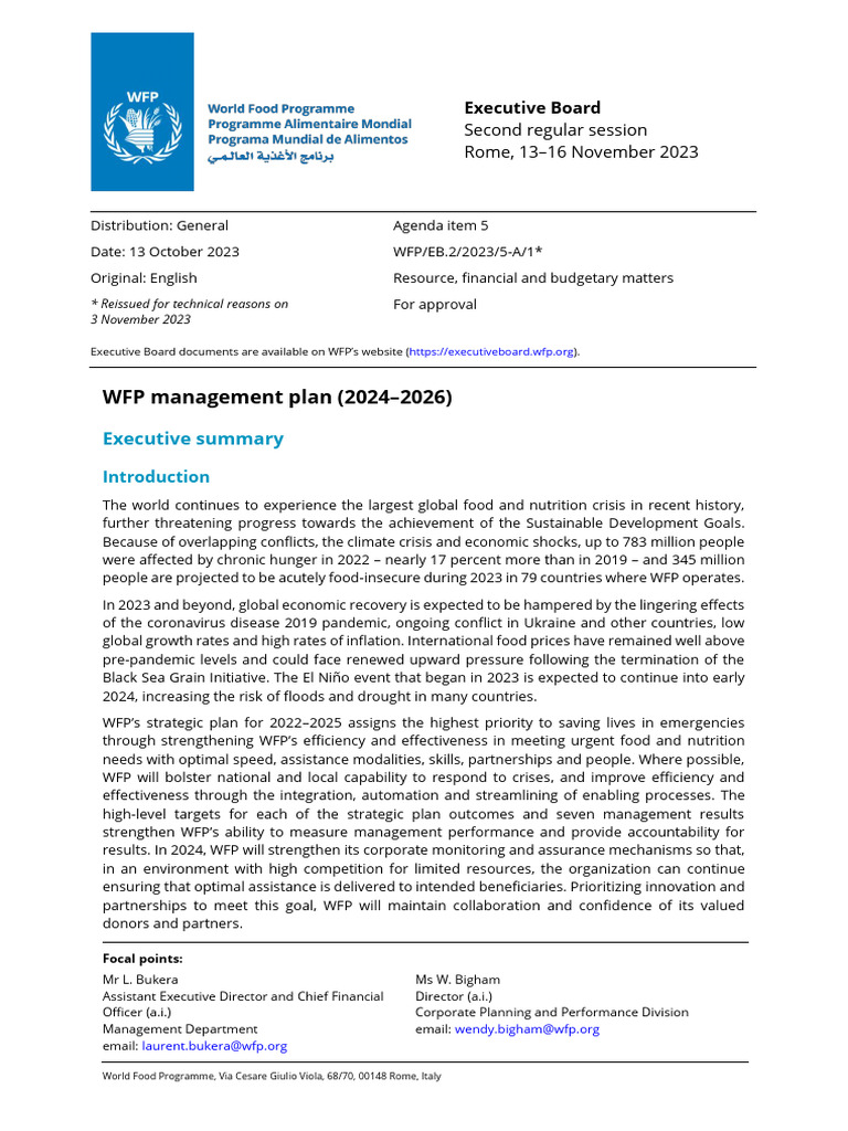 WFP Management Plan 2024-2026 Overview | PDF | Food Security | Hunger