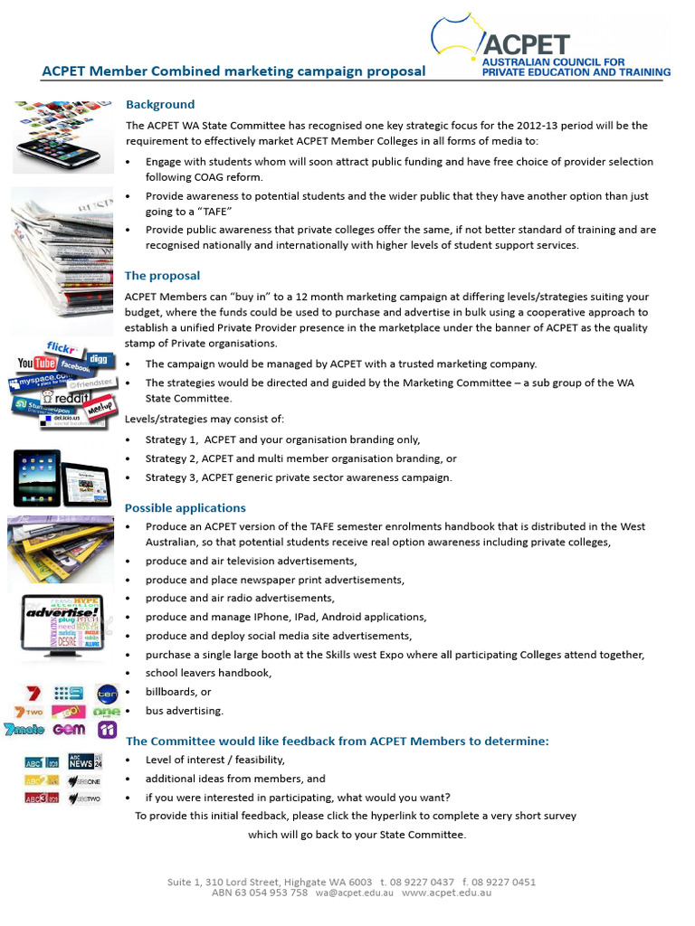 ACPET Member Marketing Campaign Proposal | PDF | Advertising ...
