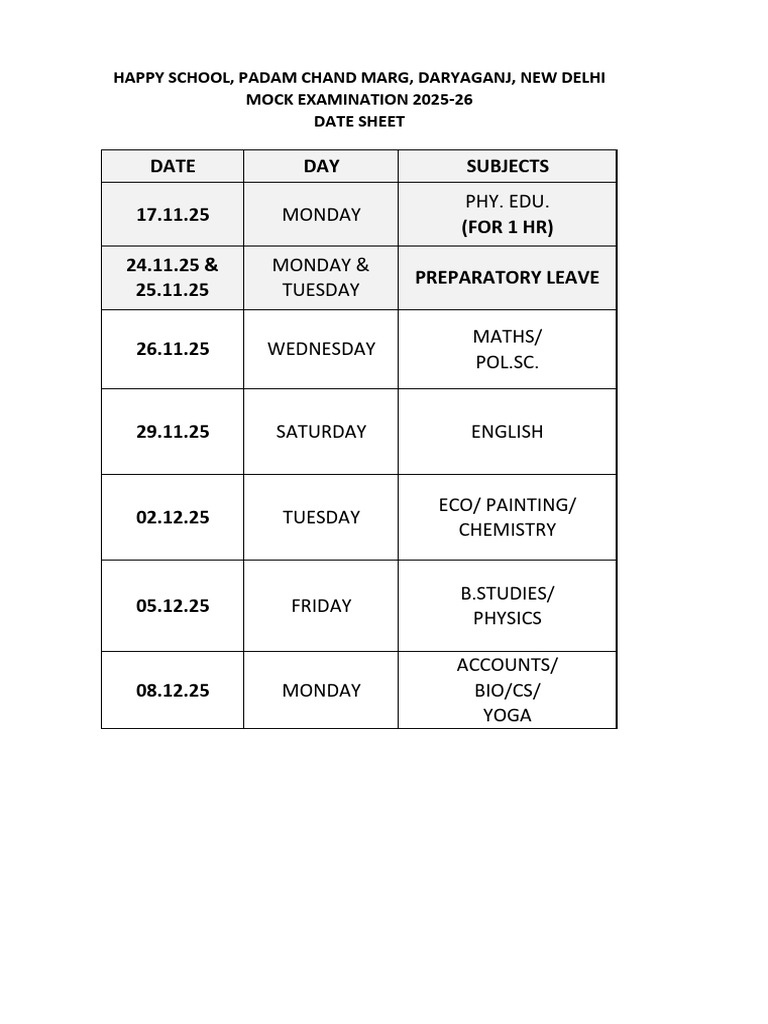 Mock Exam Date Sheet 2025-26 | PDF