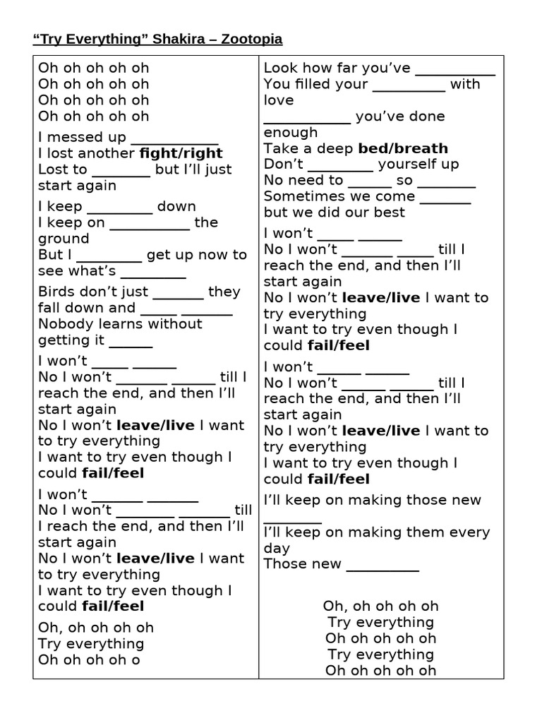 "Try Everything Lyrics - Shakira" | PDF