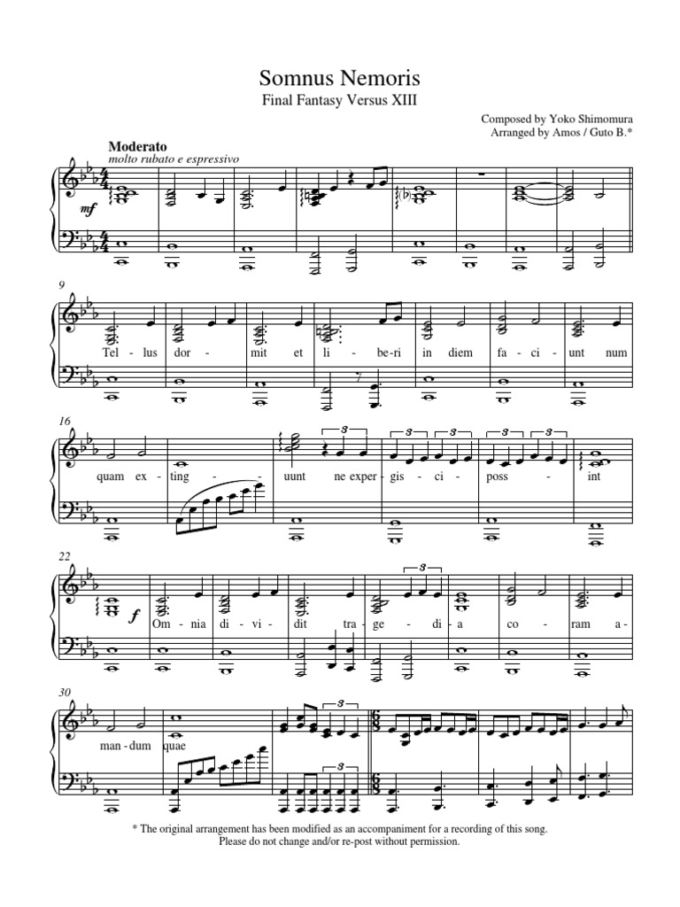 Ffxv Somnus Nemoris Piano Sheet Music Pdf Musical Compositions Leisure