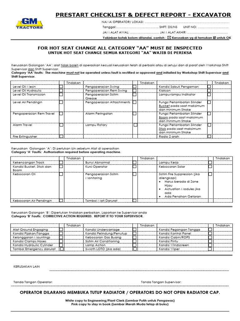 Checklist Prabakti dan Laporan Kerusakan Excavator | PDF
