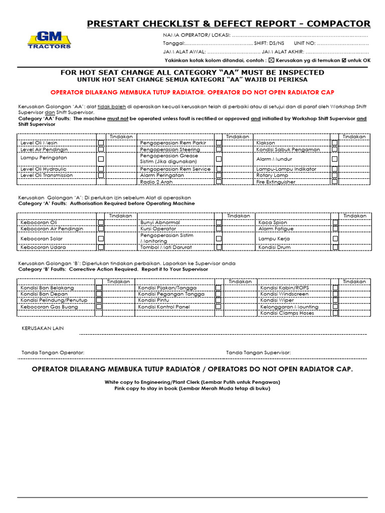 Checklist Prestart dan Laporan Kerusakan Compactor | PDF