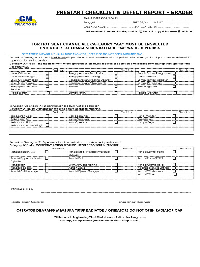 Checklist Prabuka dan Laporan Kerusakan Grader | PDF
