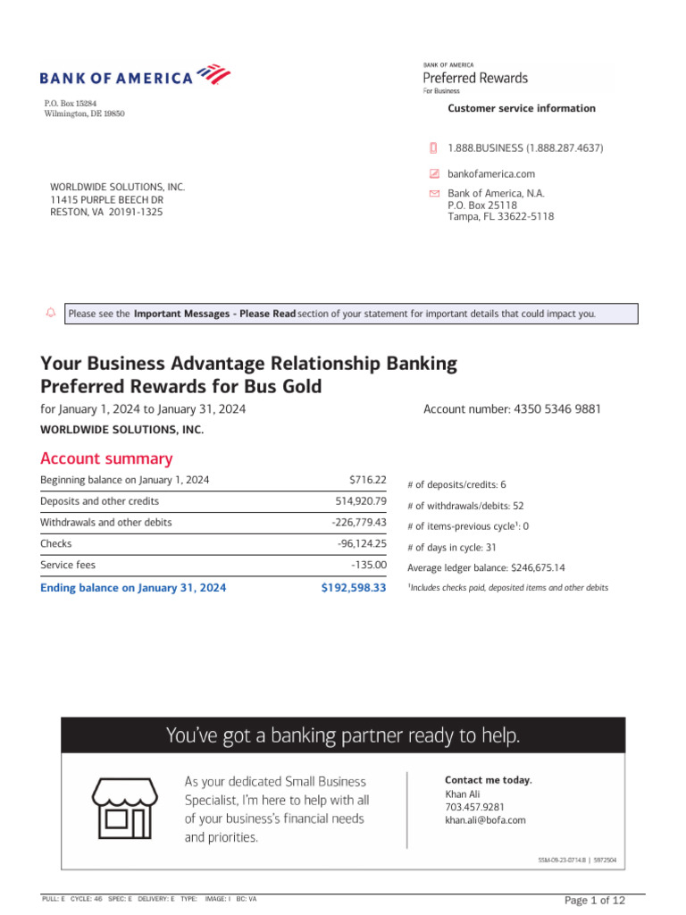 WWS BoA Checking EStmt_2024!01!31 | PDF | Deposit Account | Debits And ...