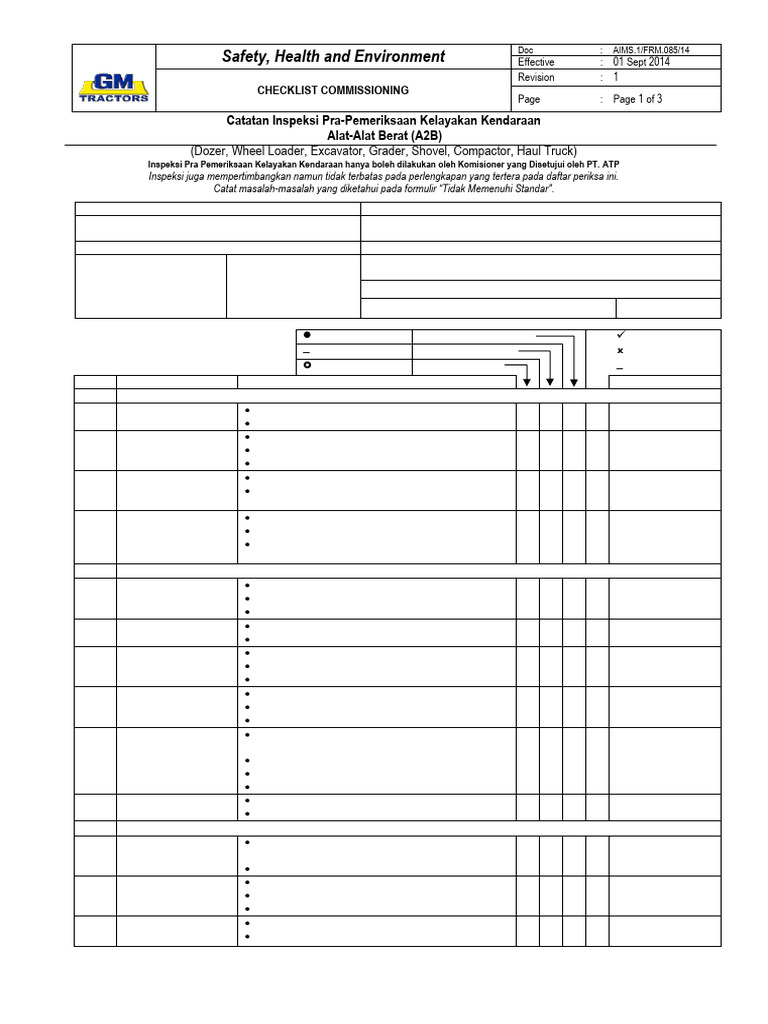 Checklist Inspeksi Kendaraan Alat Berat | PDF