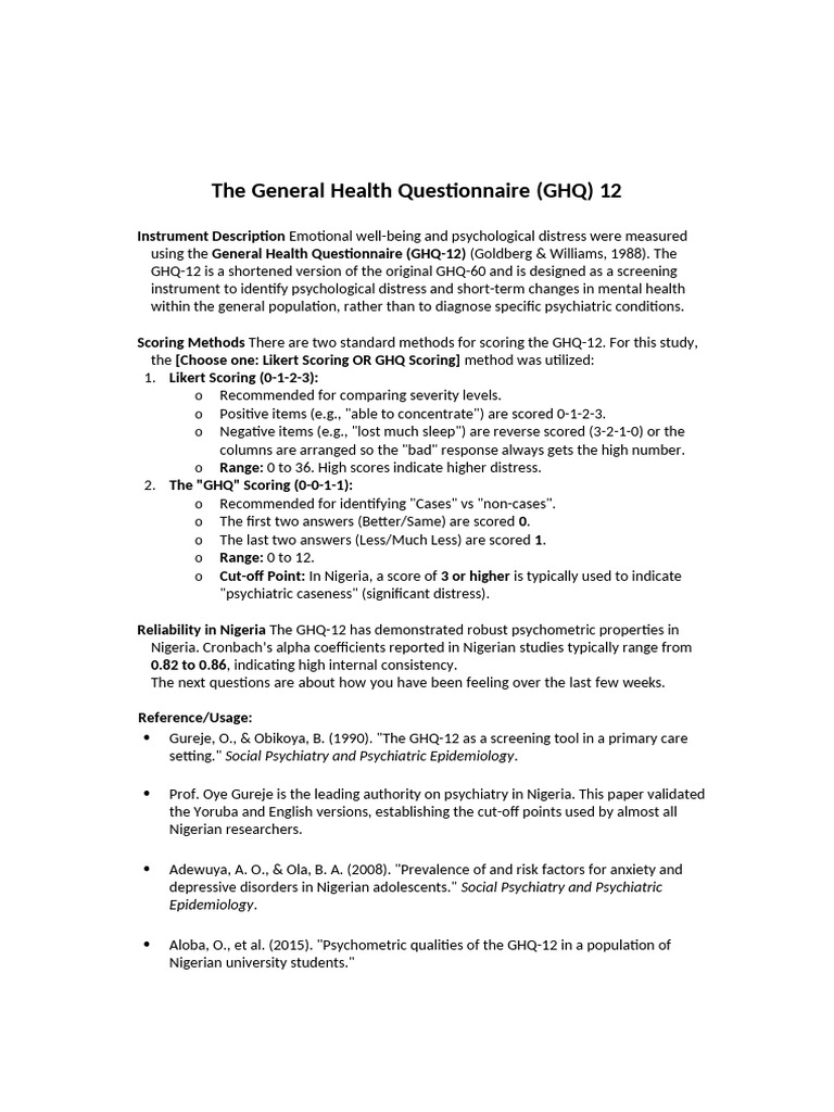GHQ-12: Mental Health Screening Tool | PDF | Mental Disorder | Likert Scale
