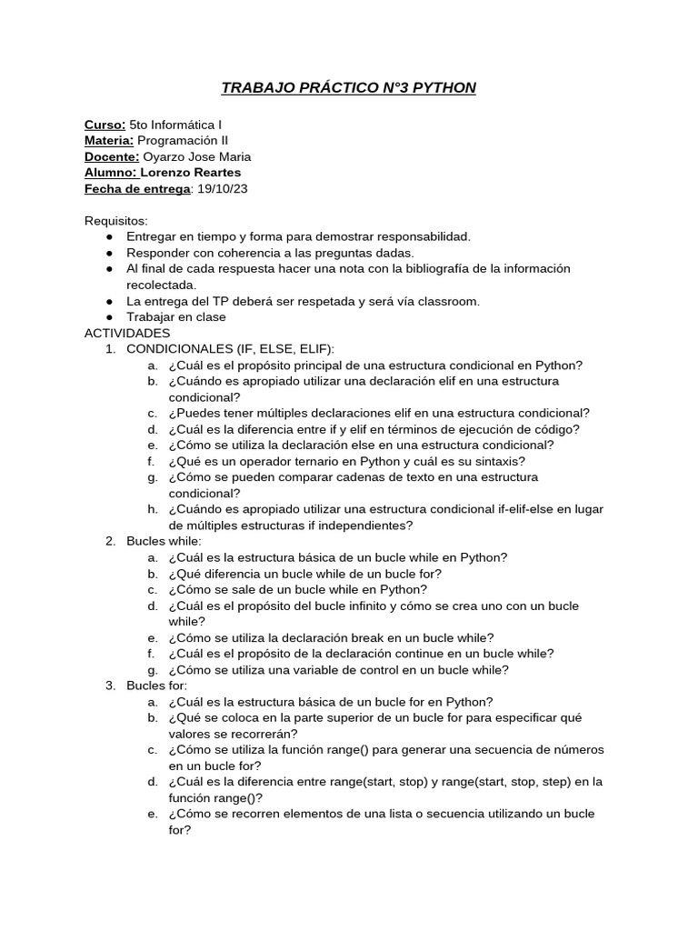 Trabajo Práctico Python: Condicionales y Bucles | PDF | Python ...