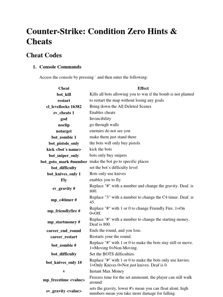 Counter-Strike: Condition Zero Hints & Cheats: Cheat Codes | PDF