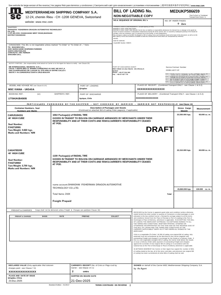 MSC Bill of Lading for Tire Shipment | PDF | Bill Of Lading | Cargo