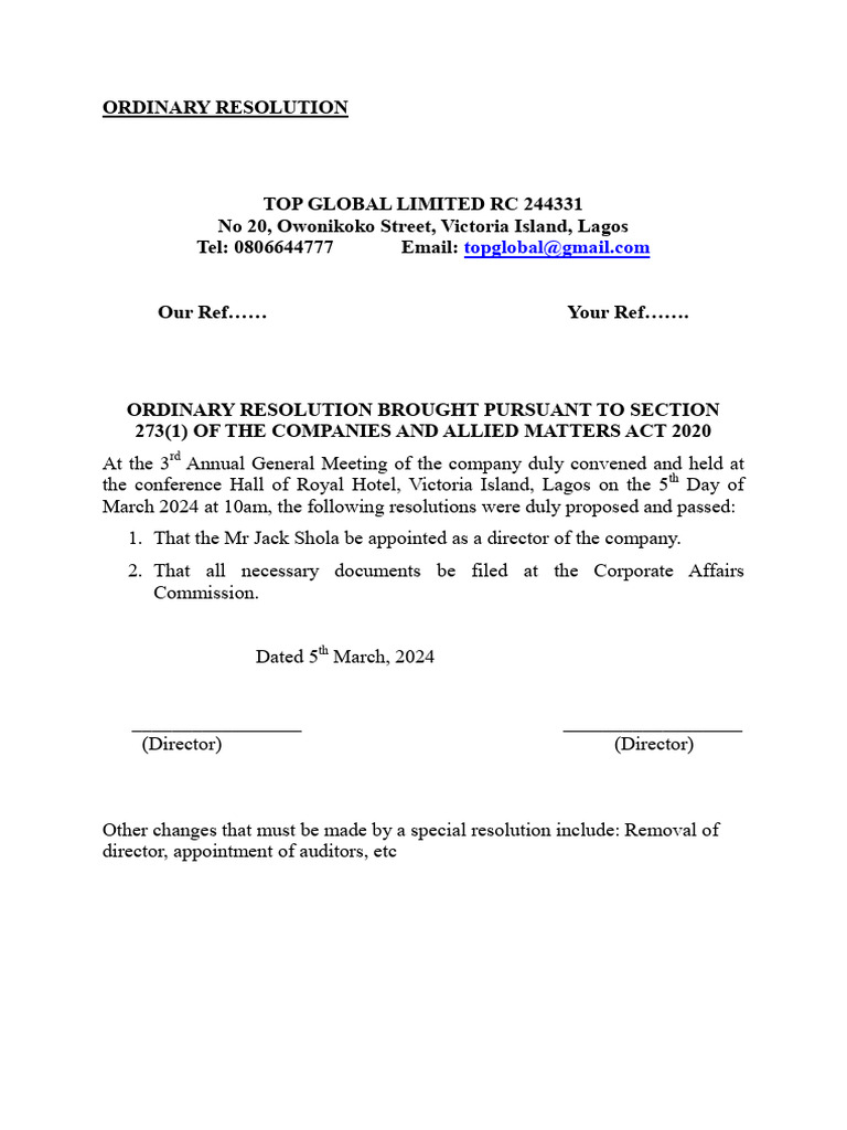 Top Global Limited AGM Resolutions 2024 | PDF | Guarantee | Corporations