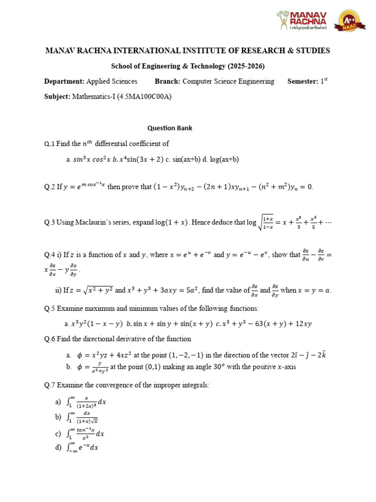 Computer Science Engineering Math-I Question Bank | PDF