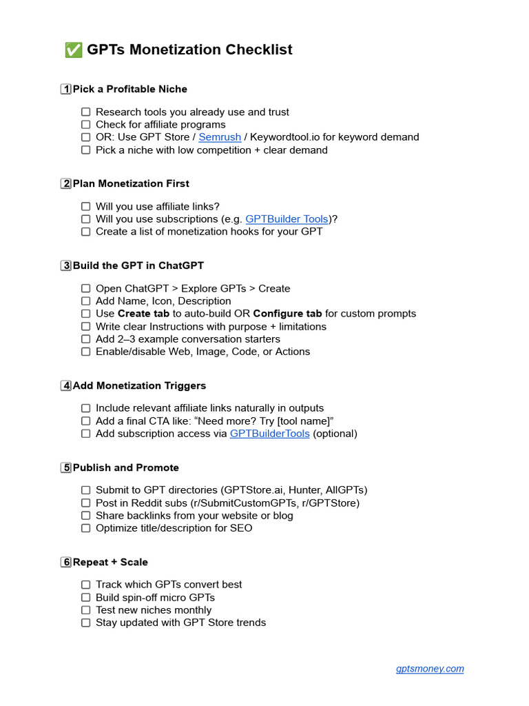 1-Page GPTs Monetization Checklist (Template) | PDF